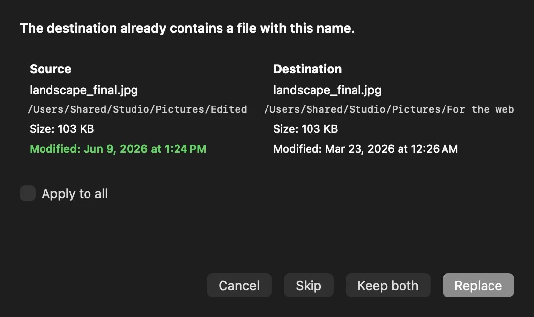 Conflict dialog: the same file in source and destination, with the path, size and date of each, an «Apply to all» checkbox and the buttons Cancel, Skip, Keep both and Replace.