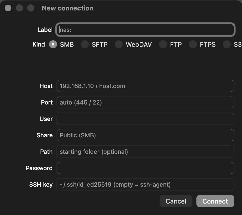 New connection dialog with a label, a kind — SMB, SFTP, WebDAV, FTP, FTPS or S3 — host, port, user, share, starting folder, password and SSH key.