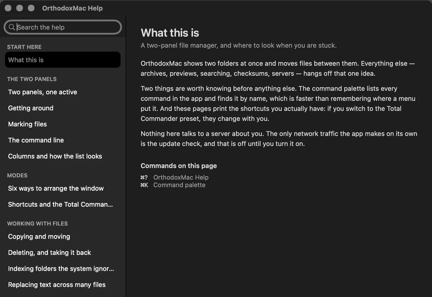 Help window: chapters on the left —Start here, The two panels, Modes, Working with files—, a search field above and, on the right, the «Getting around» page explaining the path bar, the tree and the home folder.