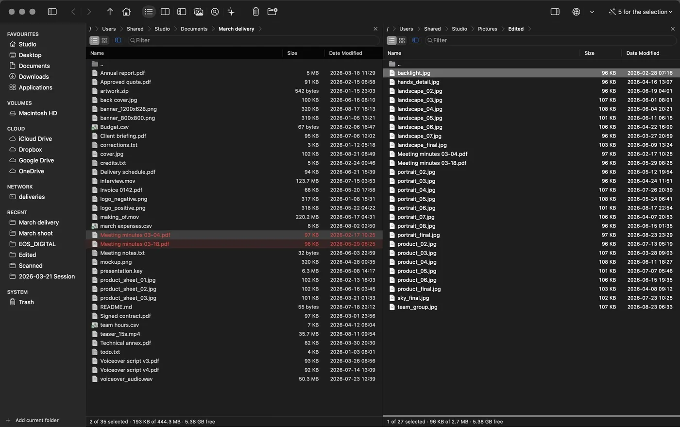 The two marked files now appear in the right panel, copied, while they are still marked in the left one.