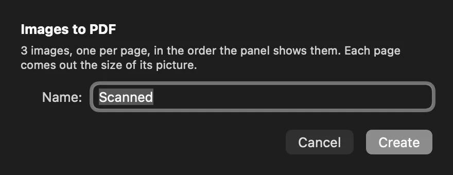 Images to PDF dialog: three images, one per page, in the pane's order, with a field for the document name.