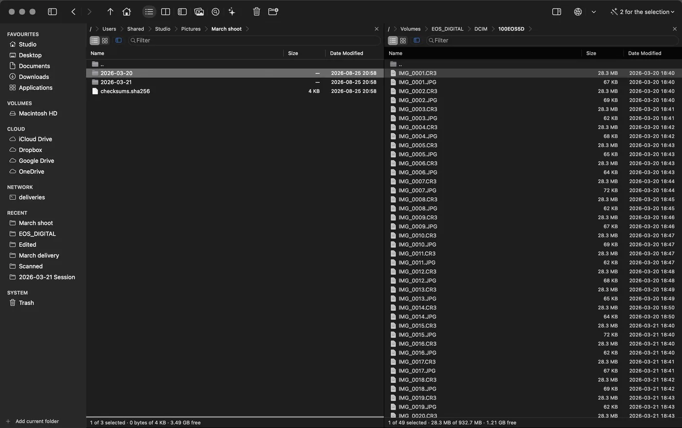 After the ingest: on the left the destination with its two date folders and the checksums.sha256 file; on the right the card, untouched, with its 49 files.