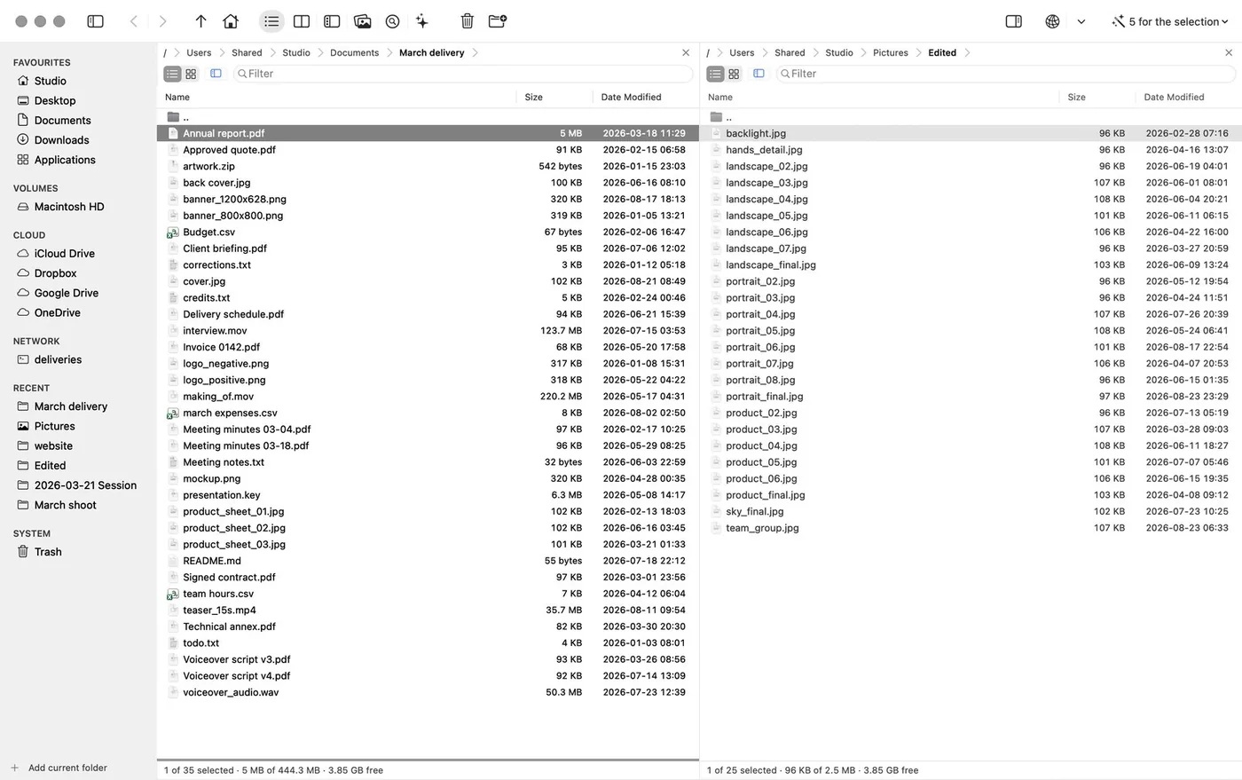 OrthodoxMac in light mode, with the delivery folder on the left and the edited images on the right.