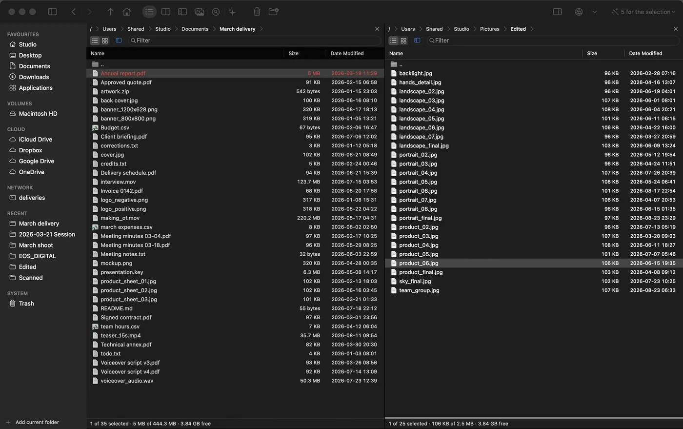Files mode: two panels with a working folder and the sidebar of favourites, volumes, cloud and recents.