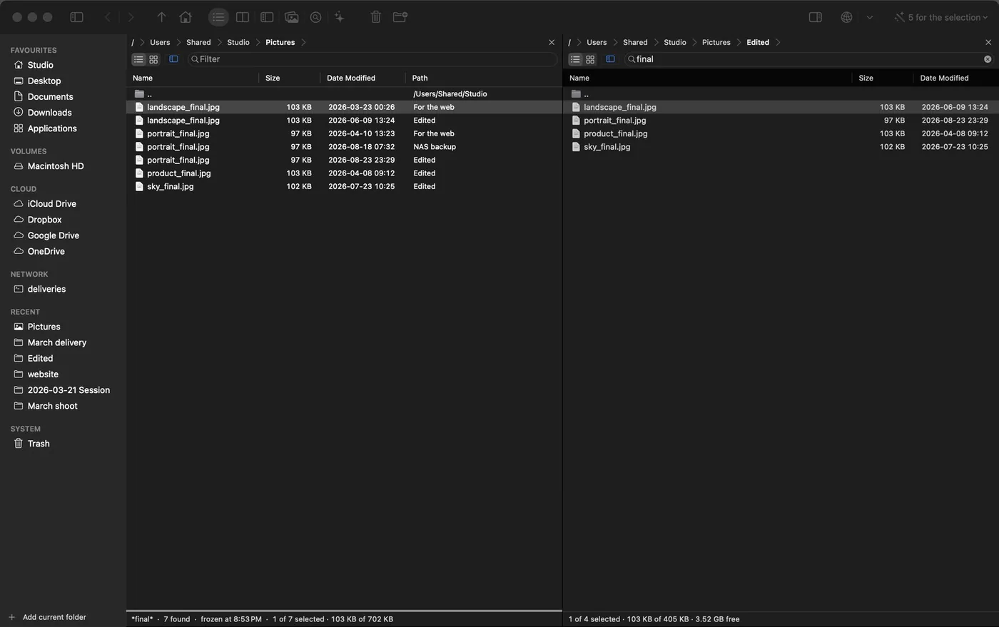 Search, then act on what you found. Results land in the panel: copy them, compress them, rename them.
