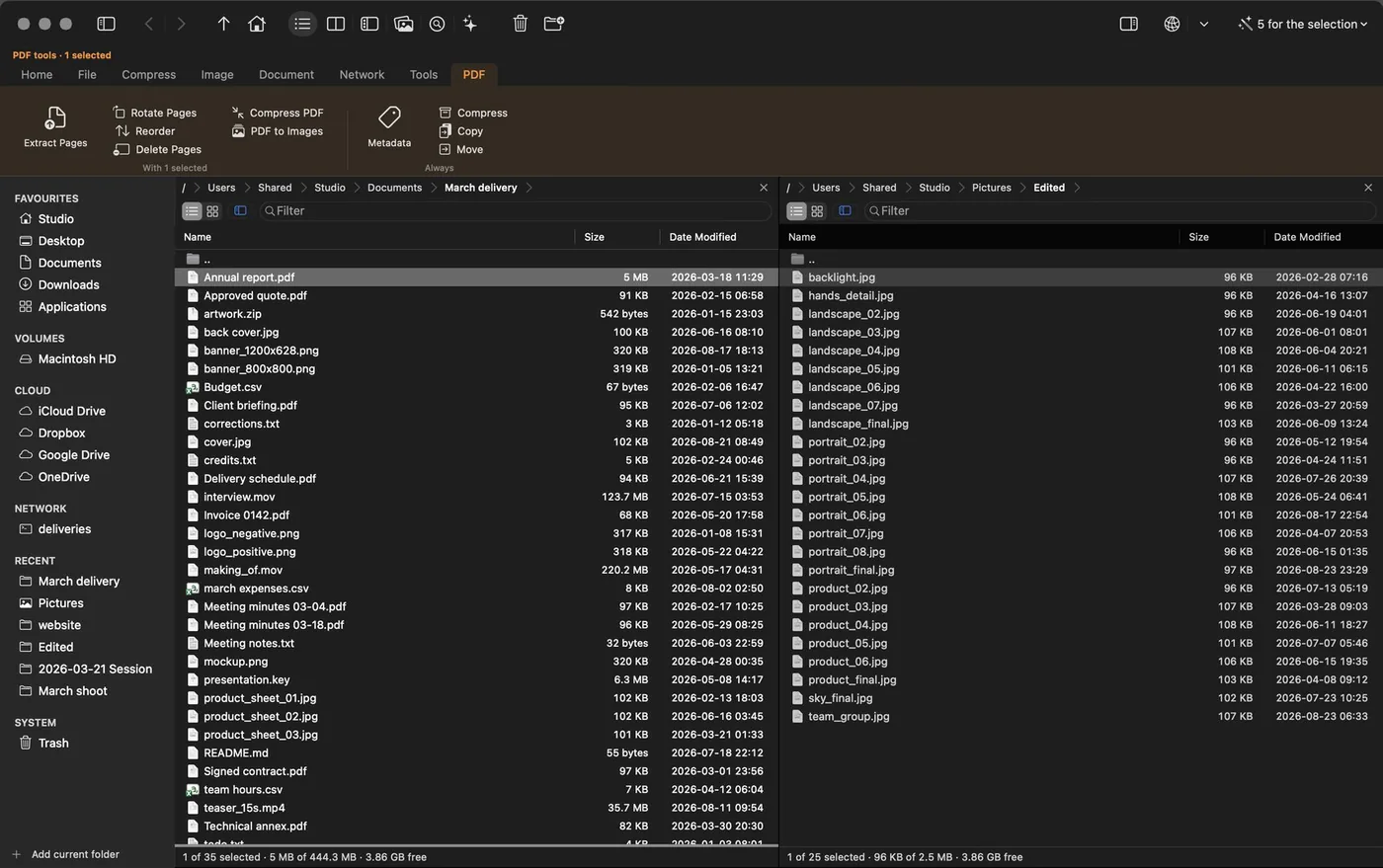 OrthodoxMac with the action bar on: Home, File, Compress, Image, Document, Network and Tools tabs, and below them the commands grouped under Go, View and Mode.
