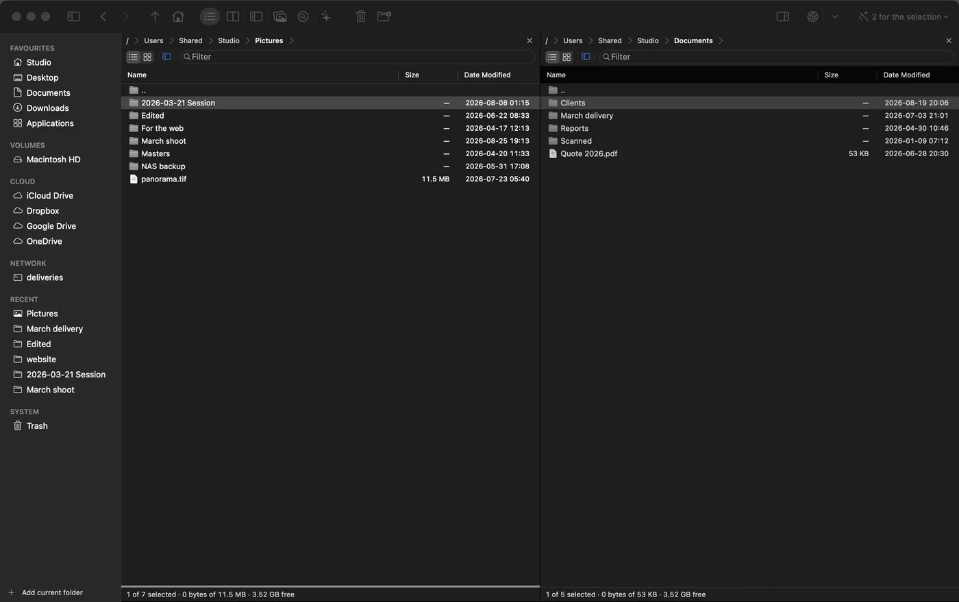 The window with both path bars: every folder along the way is a button, and behind each one a chevron opens what it contains.