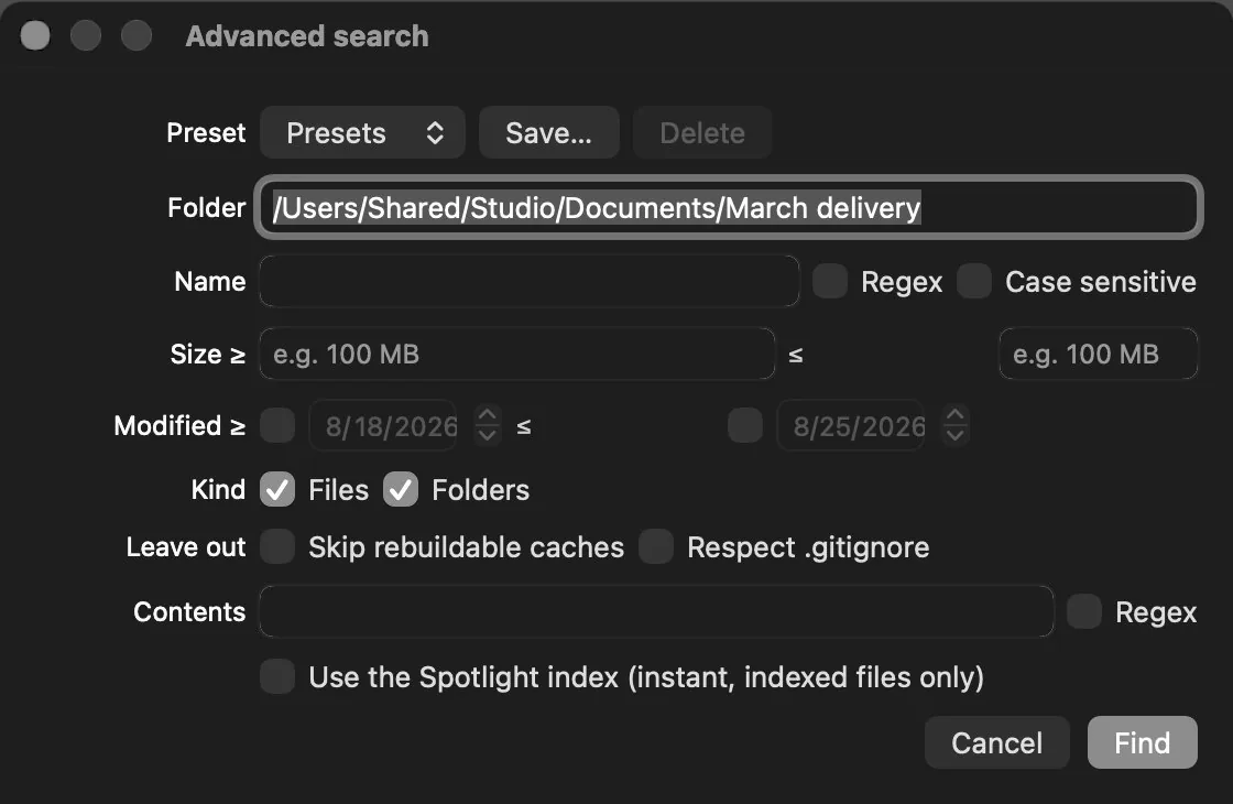 Advanced search: folder, name with regex and case sensitivity, size range, date range, kind, contents, checkboxes to skip caches and respect .gitignore, and the option to use the Spotlight index.