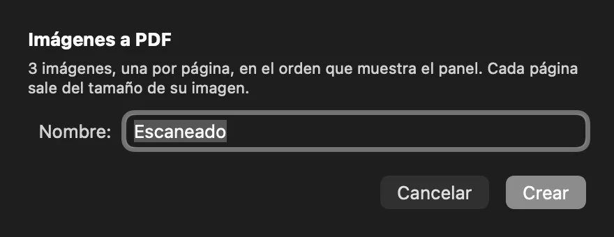 Diálogo Imágenes a PDF: tres imágenes, una por página, en el orden del panel, con un campo para el nombre del documento.