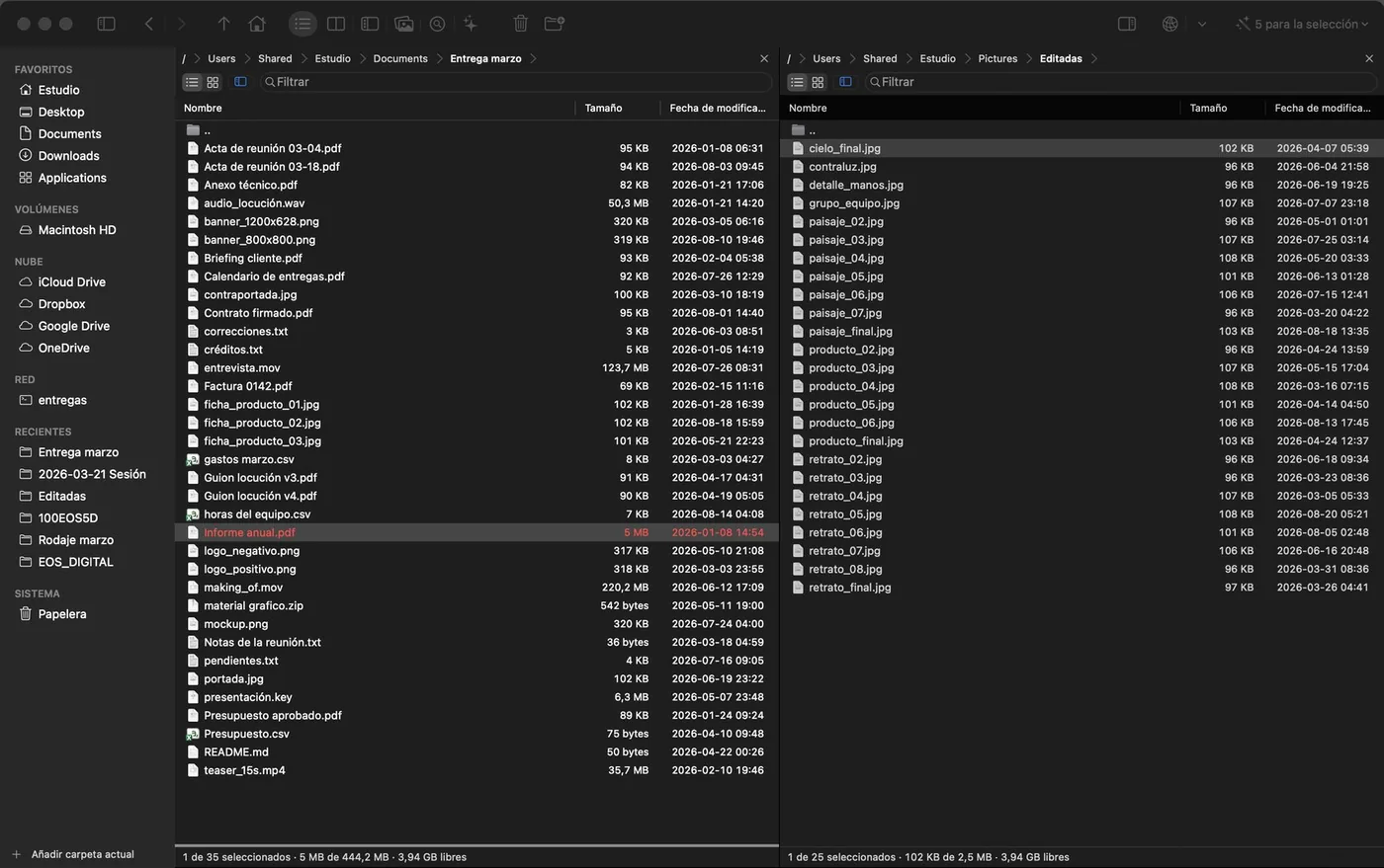 Modo Archivos: dos paneles con una carpeta de trabajo y la barra lateral de favoritos, volúmenes, nube y recientes.